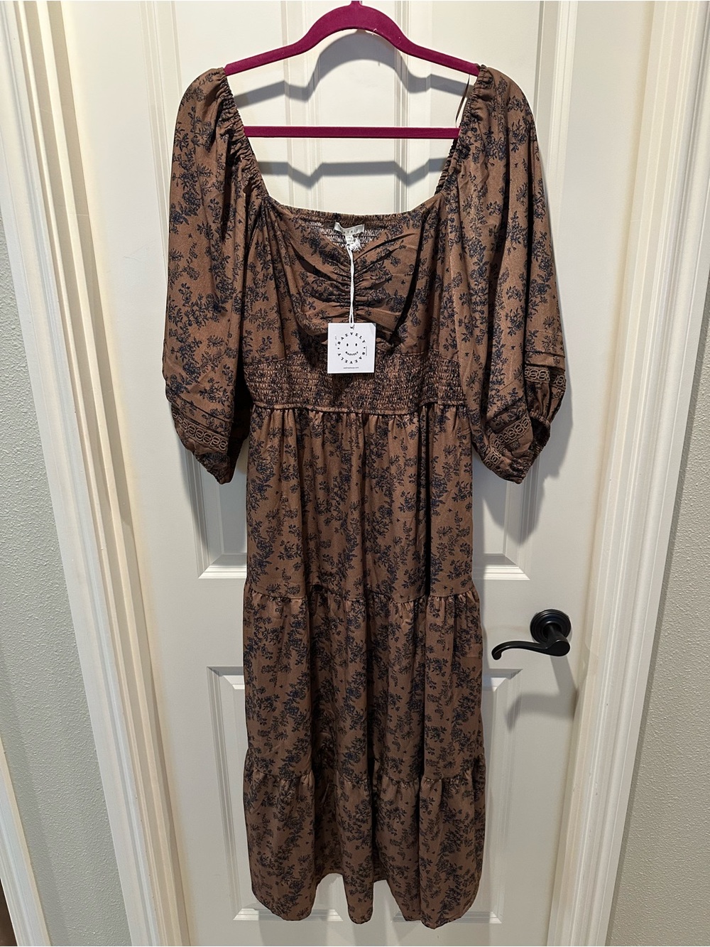 Brown Floral Puff-Sleeve Maxi Dress with Smocked Waist